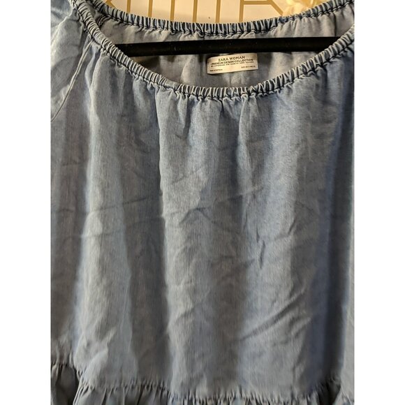 ZARA WOMAN DENIM COLLECTION Women's Chambray Ruffle Blouse Lyocell Size Small - Picture 4 of 7